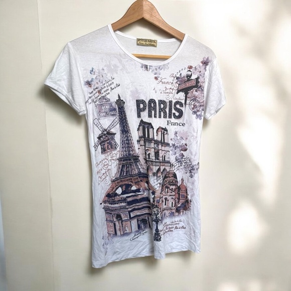 Y2K vintage White Paris Graphic T-Shirt rhinestone bling grunge urban XL - Picture 1 of 6